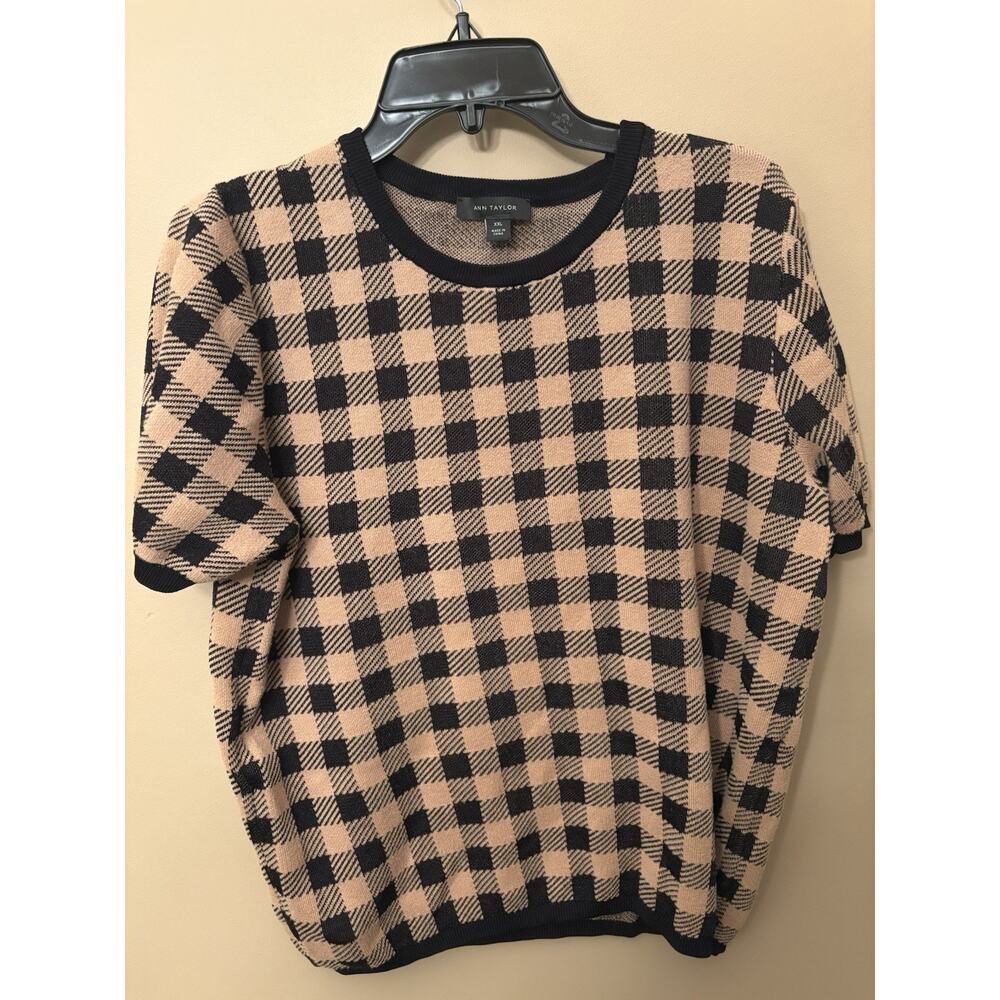 Ann Taylor beige and black gingham short-sleeve sweater XXL